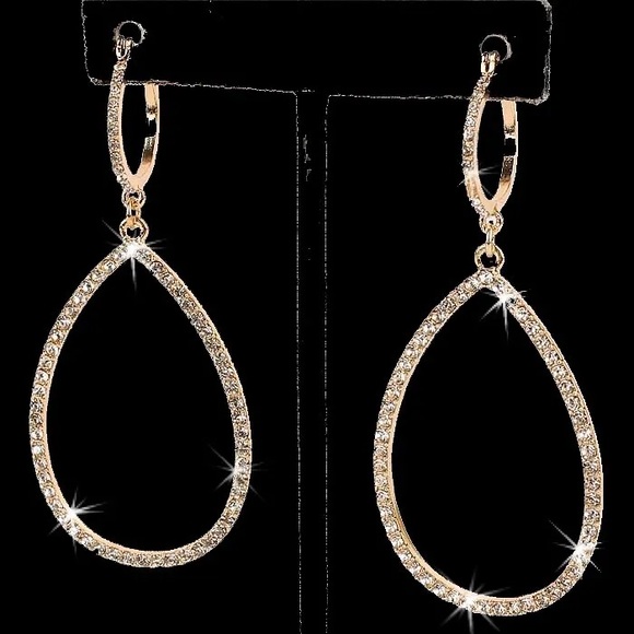3" Long Pave Crystal Leverback Hoop Dangle Drop Earrings Gold - Picture 1 of 5
